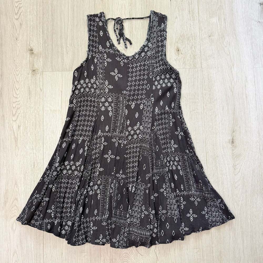 PPLA Women's Grey Patchwork Print Boho Sleeveless Open Back Mini Dress